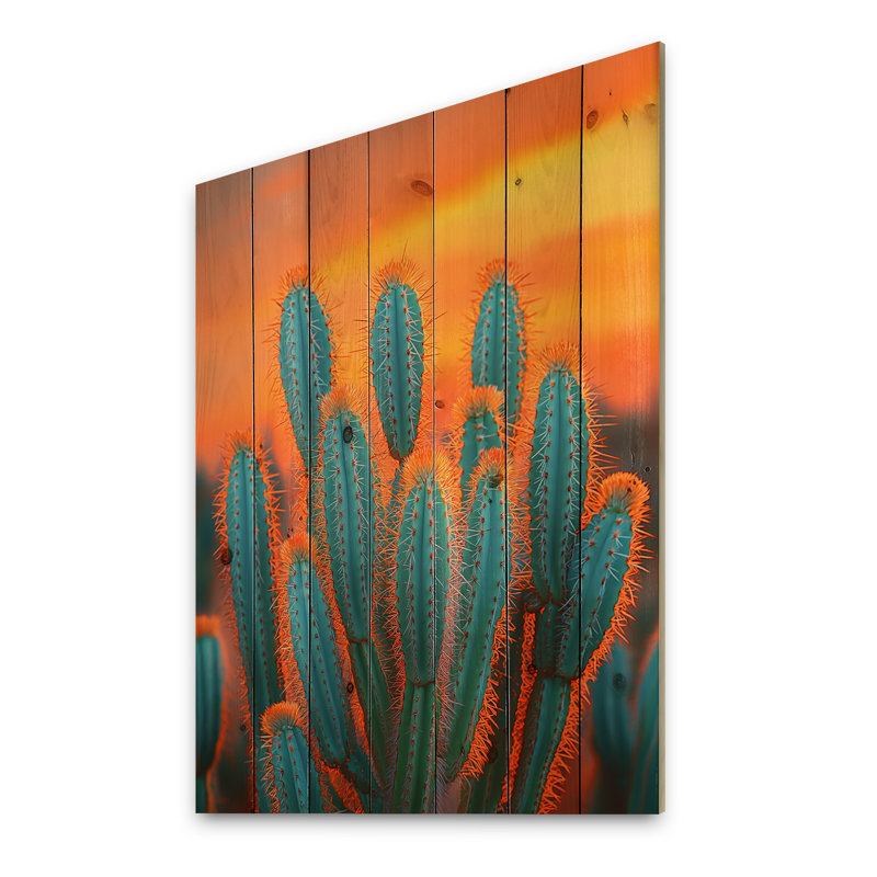 Mexique, cactus au coucher du soleil - Cactus floral, art mural sur bois de pin naturel, H 32 po x l 24 po x P 0,78 po