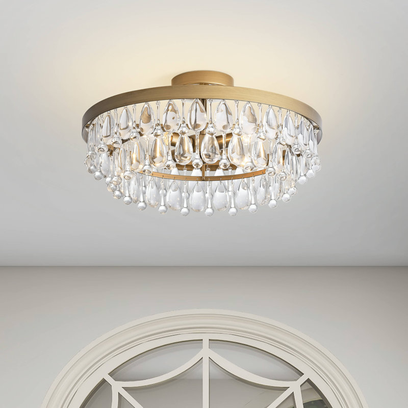 Kacelyn 4-light 18" Brushed Brass Crystal Teardrop Round Flush Mount 