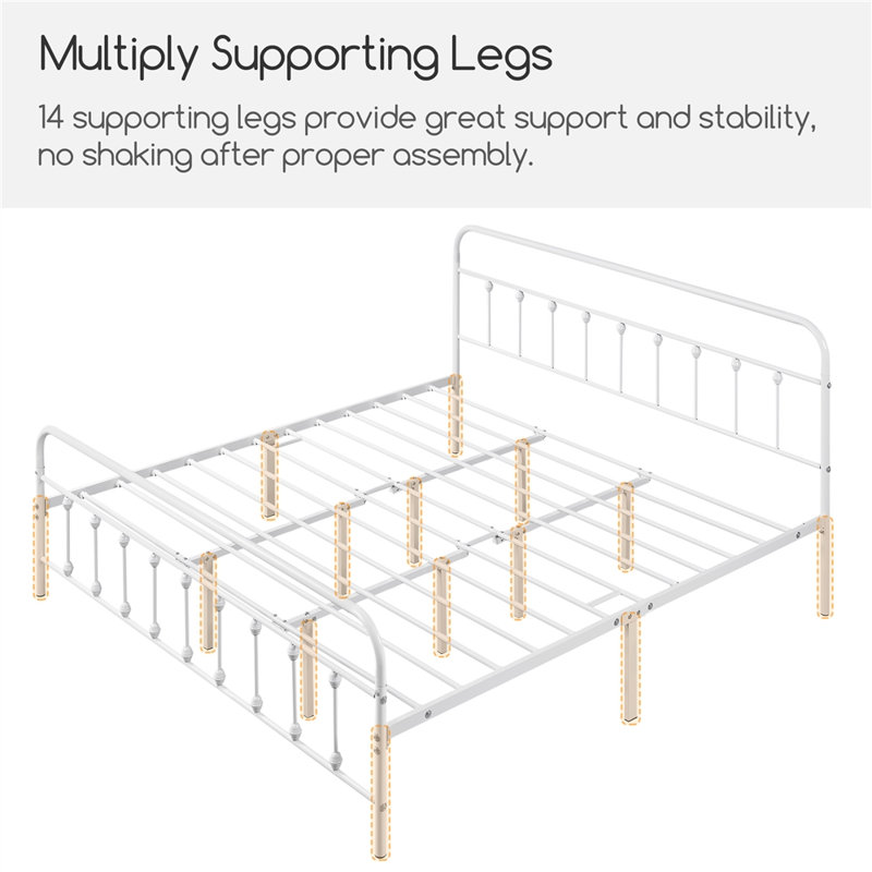 White King Metal Platform Bed with High Headboard and Slats
