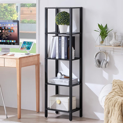 Bibliothèque étroite à 5 niveaux, tablette mince pour petits espaces, style champêtre, avec rangement, en bois, noire.