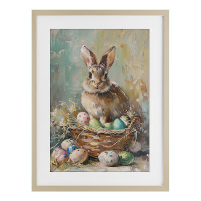 Spring Easter Bunny Basket Framed Print Under Glass, design by LSR Design Studio