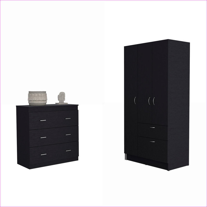 Ensemble de chambre à coucher | Armoire de rangement moderne 2 pièces, 2 tiroirs et 3 tiroirs, pour l'organisation de la chambre à coucher | Noir | Panneau de particules