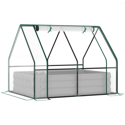 4' X 3' Galvanized Raised Garden Bed With Mini PVC Greenhouse Cover, Outdoor Metal Planter Box With 2 Roll-Up Windows For Growing Flowers, Fruits, Veg
