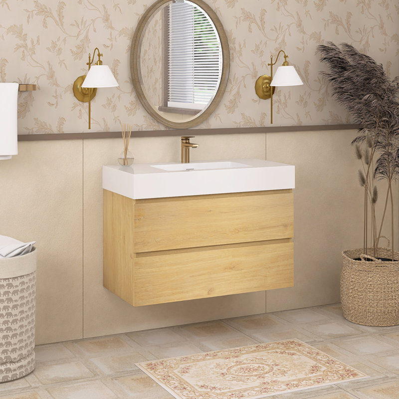 Sibin 35.8'' Single Bathroom Vanity with Solid Surface Top, White, Oak