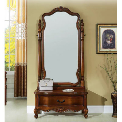Vintage Carved Solid Wood Full-Length Cheval Mirror with Storage Drawer