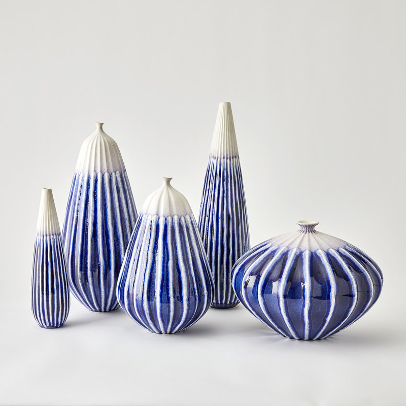 Furrow Handmade Ceramic Table Vase, 14" H x 4" W x 4" D, Deep Blue