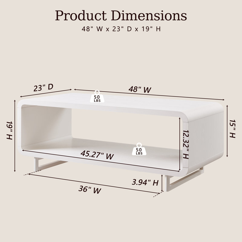  Abrianna 48" Wide Coffee Table with Storage Shelf, 2-Tier Minimalist Center Table with Curved Profile Design, Thick Wooden Rectangular Living Room Table, White