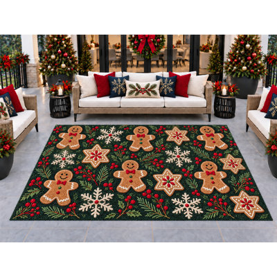 5’ x 7’ Outdoor Area Rug Gingerbread Cookie Snowflake Pine Berry Red Green Cream, Heavyweight Waterproof PVC Coil Loop Carpet, Quick Dry Indoor Outdoor Mat for Christmas Porch Deck Entryway.