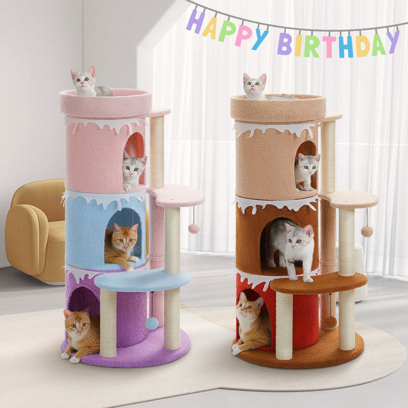 Arbre à chat en forme de gâteau avec appartement à trois niveaux et plateforme de saut, Rose