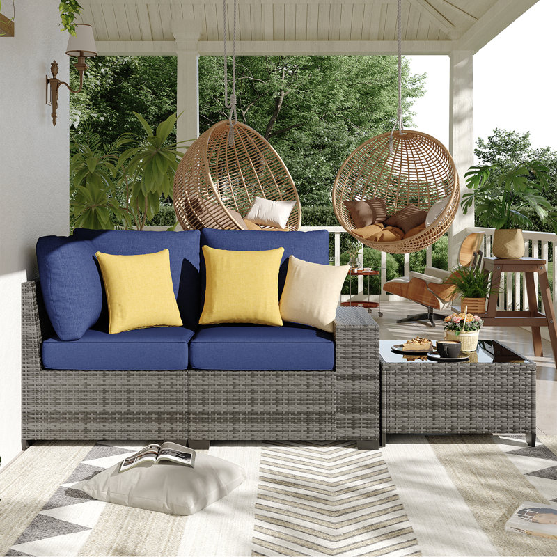 2 -Person Rattan Patio Safo With Cushions, Navy, Gray