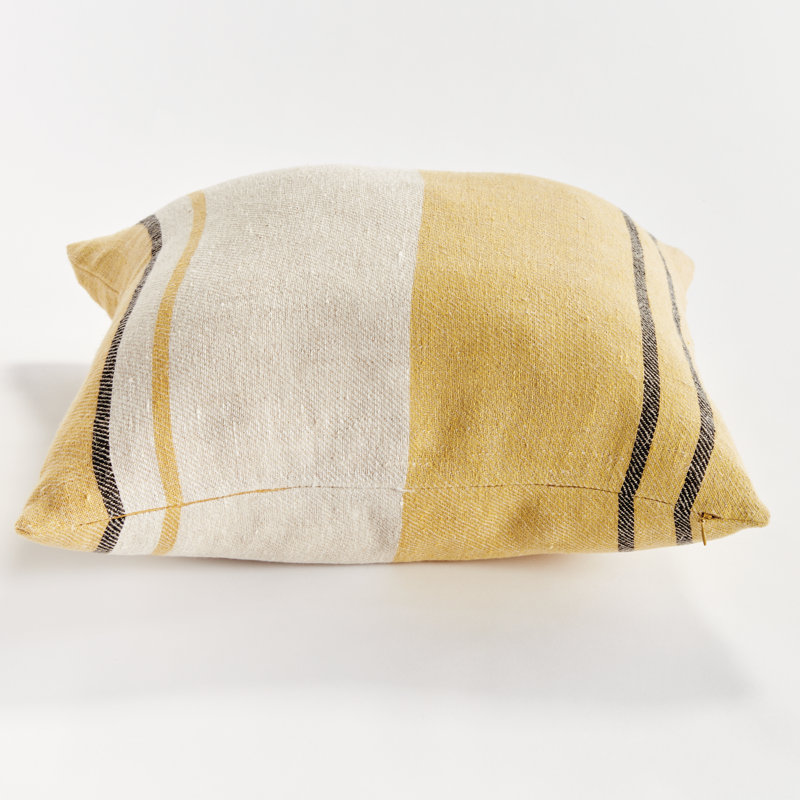 Finn Linen Throw Square Pillow Cover & Insert, Ochre/Charcoal Striped, Square 20" x 20"