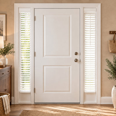 2-pack white 8.5'' x 72'' cordless sidelight blinds with 2'' horizontal faux-wood construction, plantation styling, a smooth finish, and an adjustable tilt wand for privacy and room darkening at front-door windows and home entry side doors.