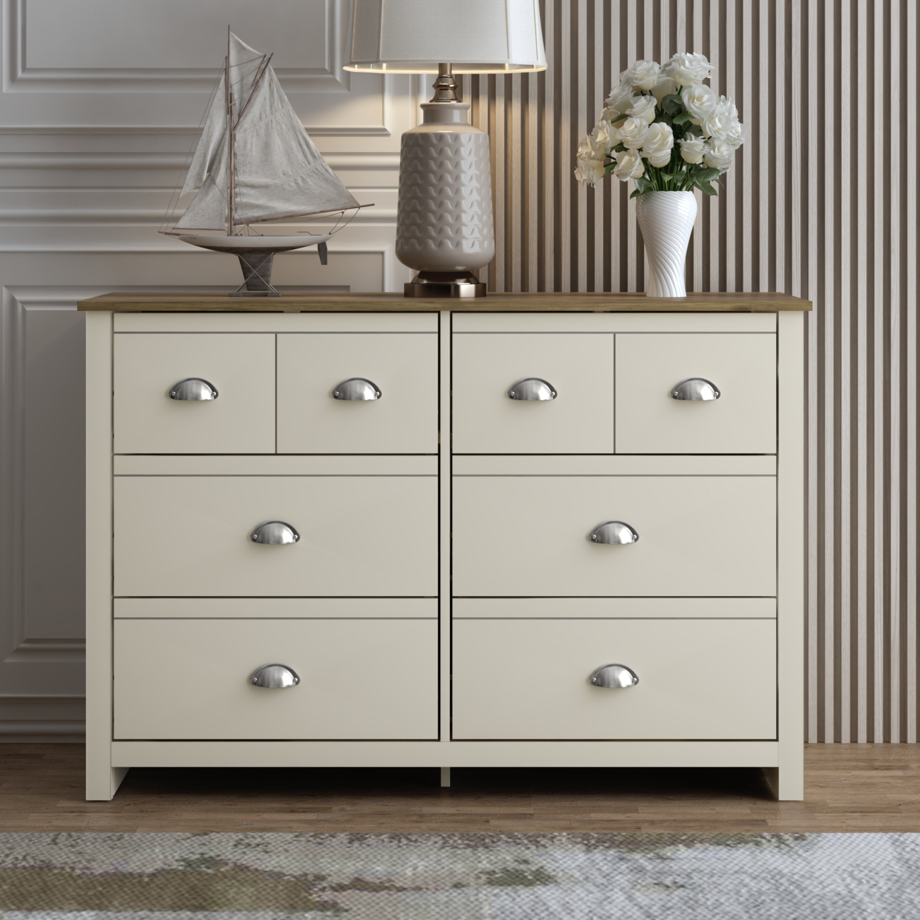 Wade Logan 46.1'' W 6-Drawer Dresser, Ivory/Knotty Oak - Manufactured Wood, Modern Design