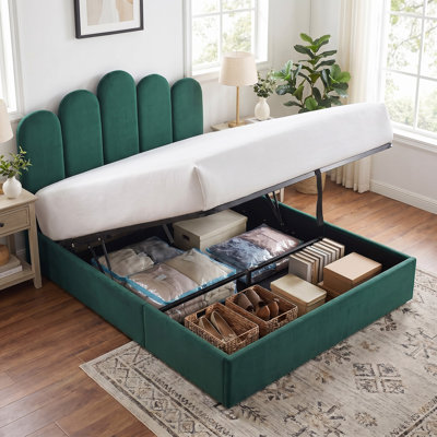 Lit plateforme glamour à panneaux festonnés, recouvert de velours et doté d'un rangement intégré, taille standard, vert