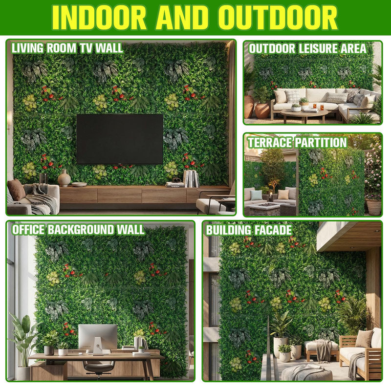 Paquet de 3 écrans muraux de verdure artificielle de 39,4 po x 39,4 po, panneau de 8 plantes mélangées pour l'intérieur et l'extérieur