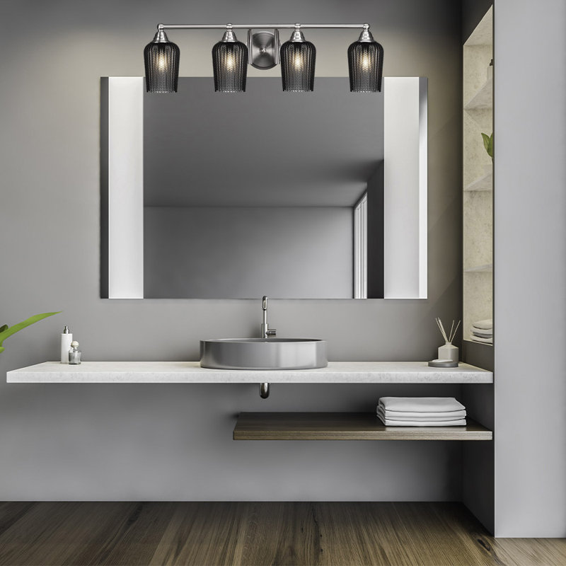 Michell 4 Light Bath Bar Shown With 5" Smoke Textured Glass, Brushed Nickel