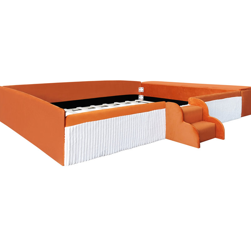 Grand lit de jour en velours avec escalier, rangement avec vérin à gaz, contraste de couleur brun + blanc et garde-corps rembourrés pour une chambre à coucher élégante avec revêtement en velours brun + blanc, moderne