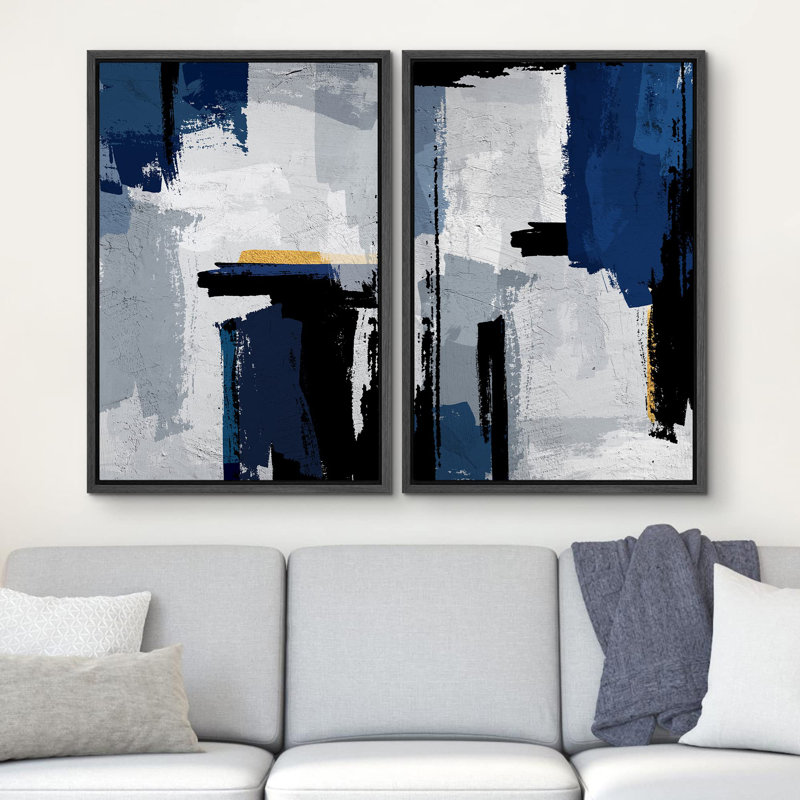 Abstract Landscape " Geometric Blue Gray Grunge Paint Strokes Abstract Shapes Modern Art Wall Decor Artwork Zen " 2 - Pieces