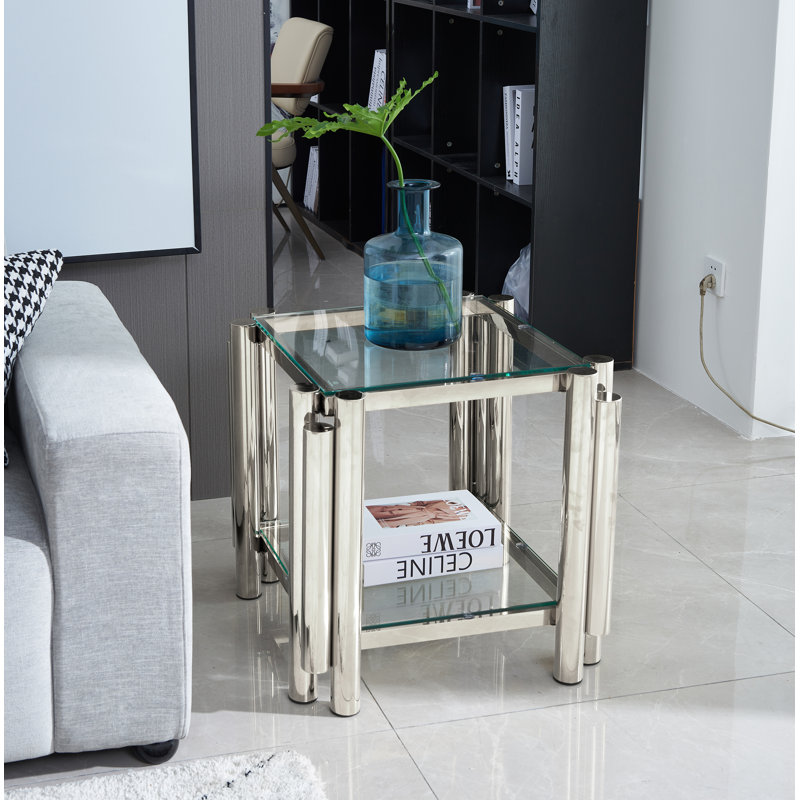 Table de bout carrée, table de bout moderne, table basse à double couche, table d'appoint avec rangement, pour le bureau à domicile