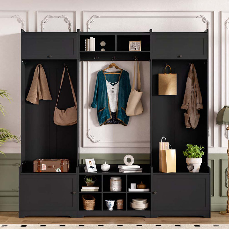 Arbre d'entrée de 79,1 po de largeur avec rangement pour chaussures, 8 casiers, 7 crochets à manteau et tablette réglable