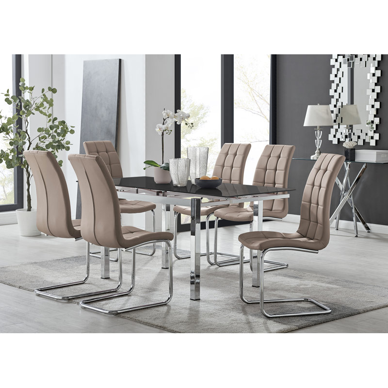 Tierra Modern Glass & Metal Extendable Dining Table Set & 6 Luxury Faux Leather Dining Chairs, Cappuccino/Chrome