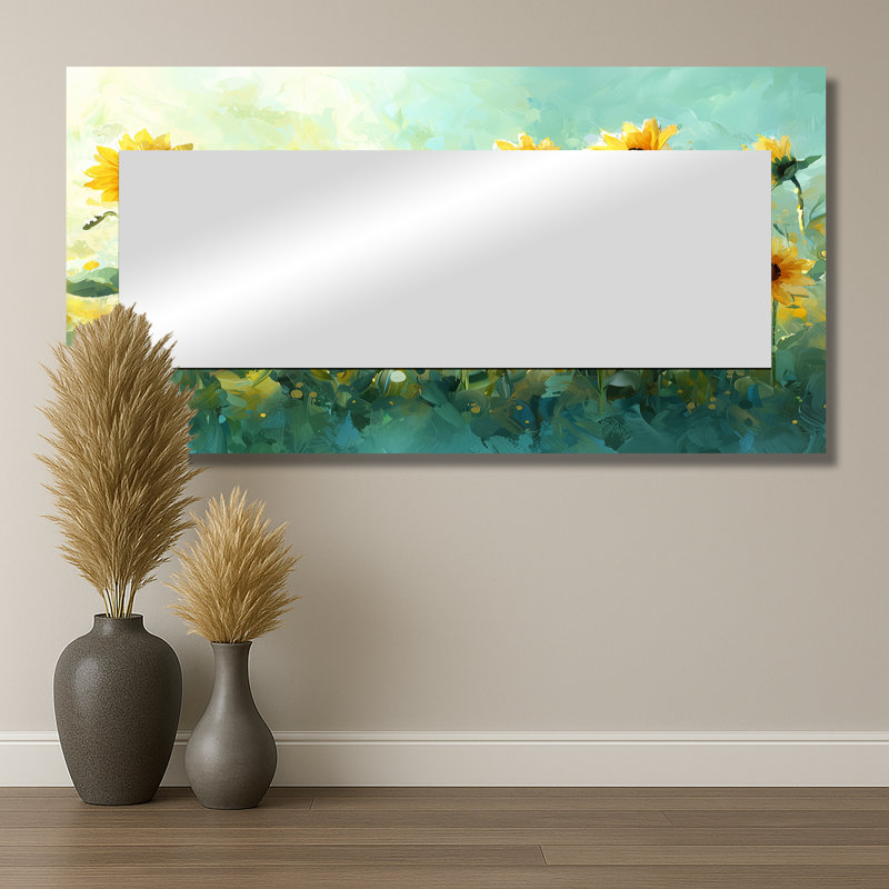 Country Side Sunflowers Field Sky Horizon II - Floral Wall Mirror Art - Printed On Metal, 28" x 55"