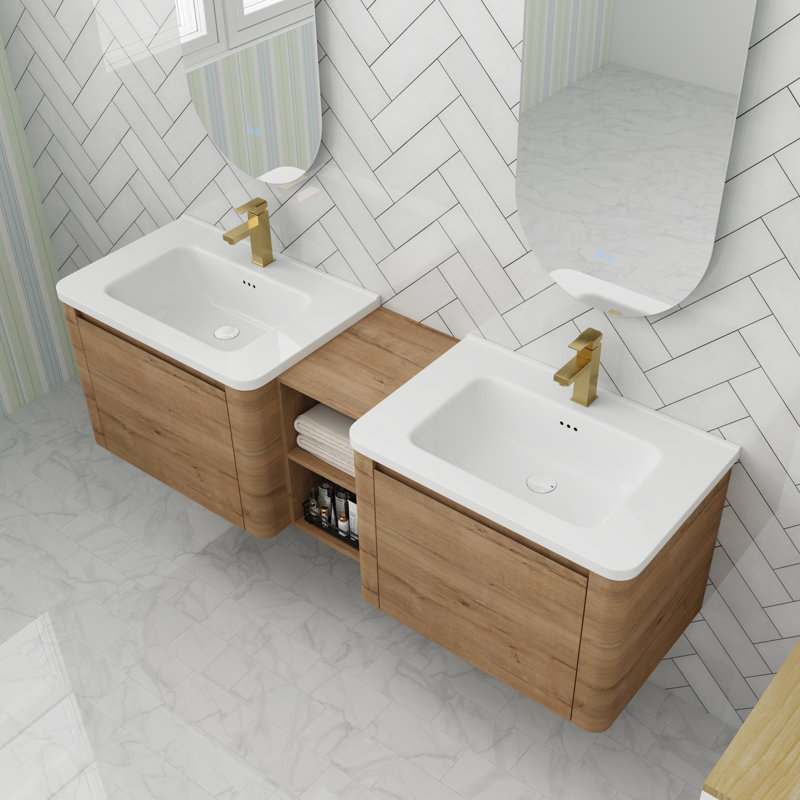 Meuble-lavabo flottant avec porte à fermeture en douceur 68 po, 68", Imitation chêne