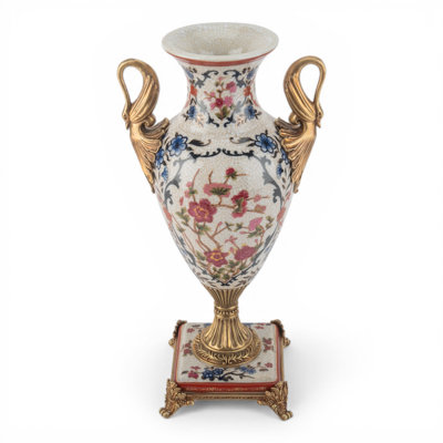 Blossom Scroll Porcelain Swan Handle Vase with Bronze Ormolu