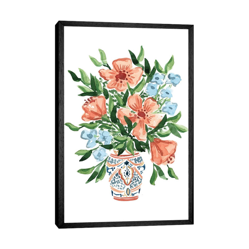 Peachy Florals by Sabina Fenn - Painting on Canvas, 101.6cm H x 66.04cm W x 3.81cm D, Black Floater Framed