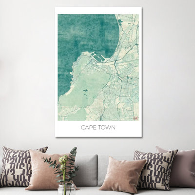 Cape Town Vintage Blue Watercolour Urban Blueprint Map 1 Piece Wrapped Canvas Wall Art