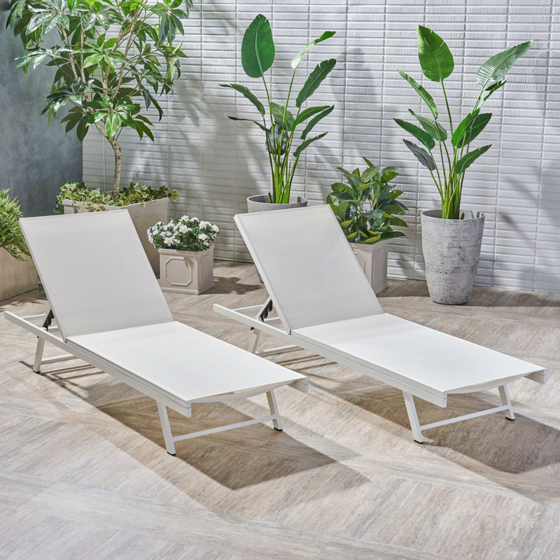Ensemble de 2 chaises longues d'extérieur, dossier réglable à 5 positions, structure en acier blanc avec assise en textilence, chaises de patio inclinables près de la piscine