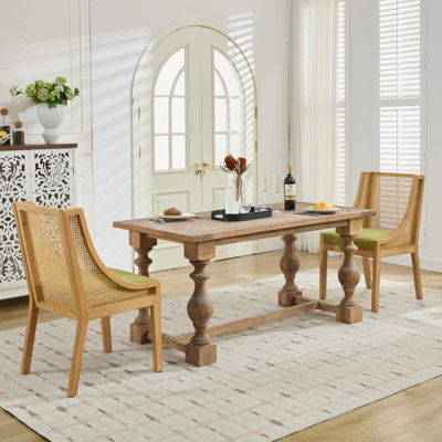 Set of 2 Rattan Dining Chairs, Solid Wood Frame with Decorative Armrests, Linen Upholstered Seat