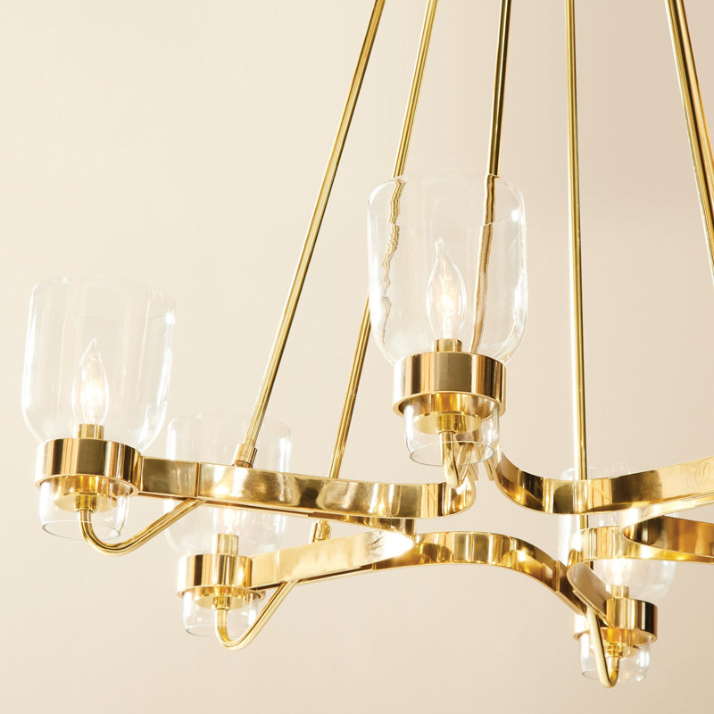 Elegant Brass Geometric 6-Light Chandelier with Clear Glass Shades