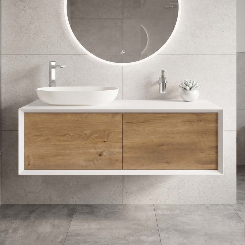 Meuble-lavabo suspendu moderne bicolore 122 cm (48 po) | Lavabo ovale à poser en surface solide | Tiroir à fermeture en douceur avec découpe en U | Blanc et chêne