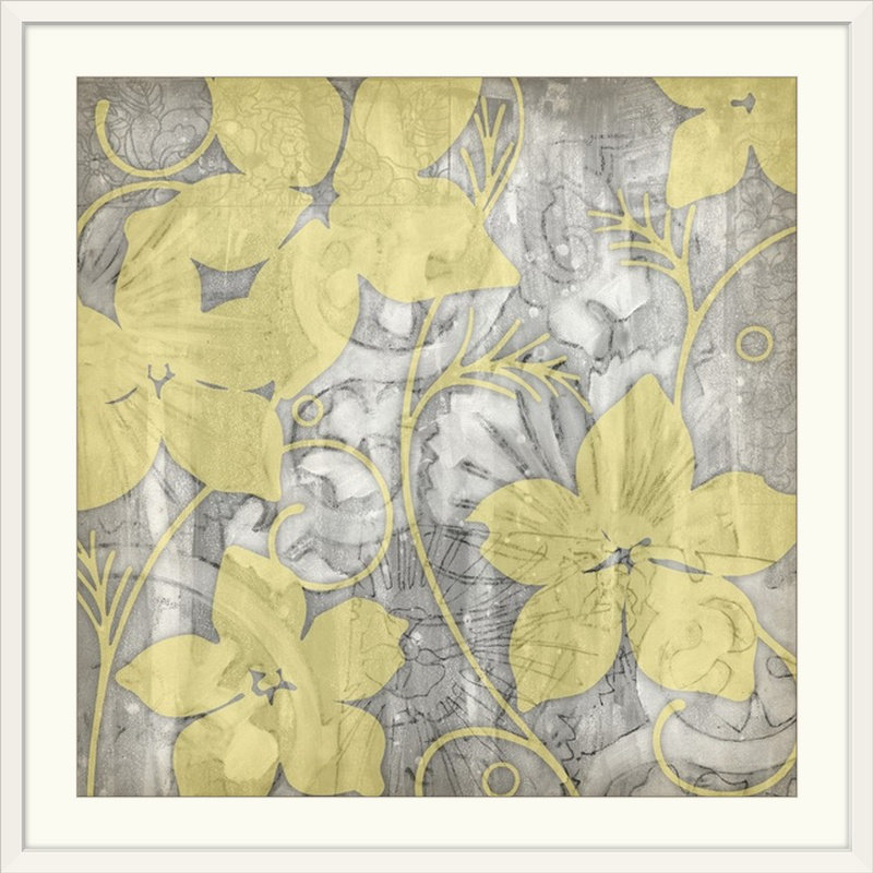 Yellow and Gray Floral Canvas Print with White Frame