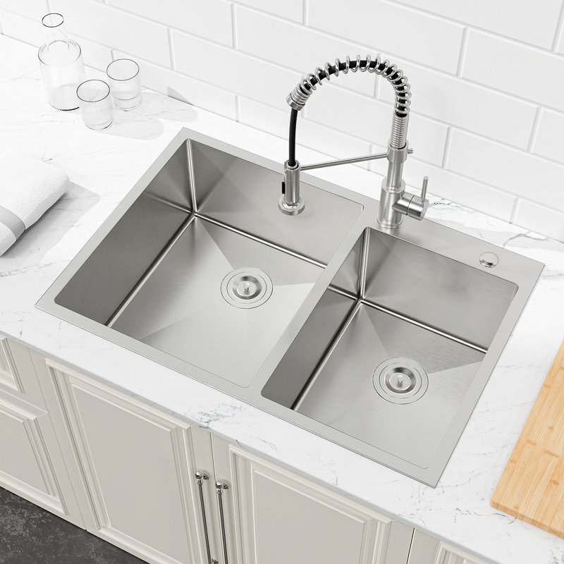 Évier de cuisine encastré 33 po x 19 po à double cuve, lavabo sur pied fait à la main brossé (évier seulement)