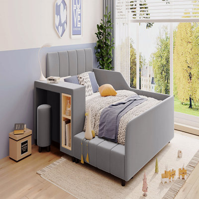 Full Size Upholstered Design Grounded Bed Frame, Mother And  Child Bed Frame With Bed Frameside Desk And Little Round Stool, Velvet
