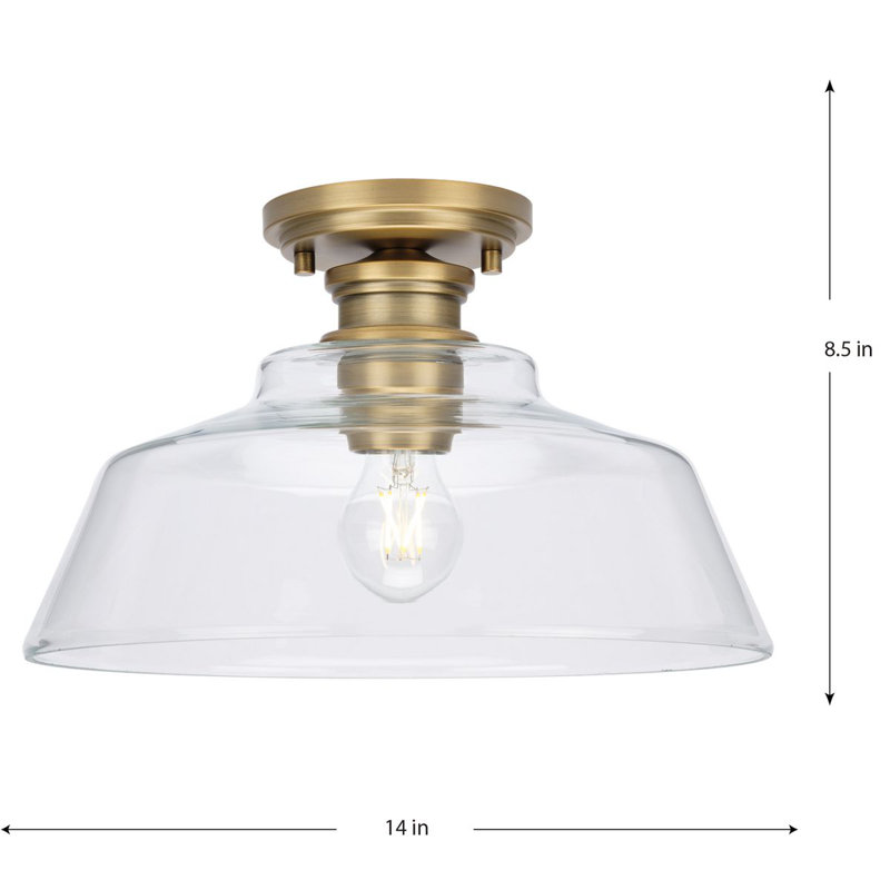 Plafonnier semi-encastré à 1 lumière, Laiton rétro, H 8,5 po x l 14 po x P 14 po