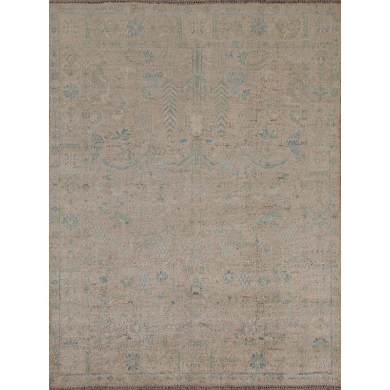 Tapis beige noué à la main de conception unique 3 pi 10 po x 4 pi 11 po