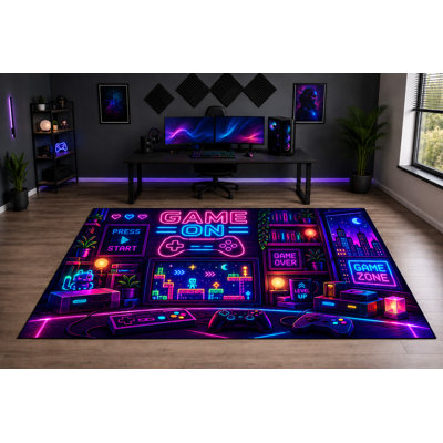 Tapis d'arcade « Ultra Fin » 152 x 213 cm (5 pi x 7 pi) à motif de grille Game Over, idéal pour chambre d'enfant, chambre à coucher, salon et bureau à domicile. Moquette douce à poils courts avec envers antidérapant en silicone.