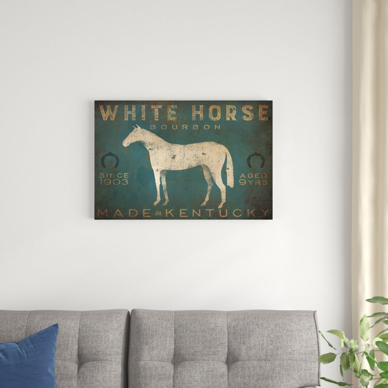 Cheval blanc avec mots bleus, H 20 po x l 30 po
