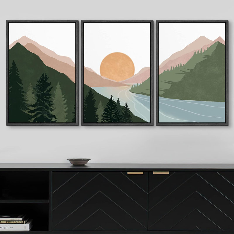 Sun Mountain Landscape " Mountain Range Pine Forest Lake " 3 - Pieces, 24" H x 48" W x 1.5" D, Black Floater Framed Canvas