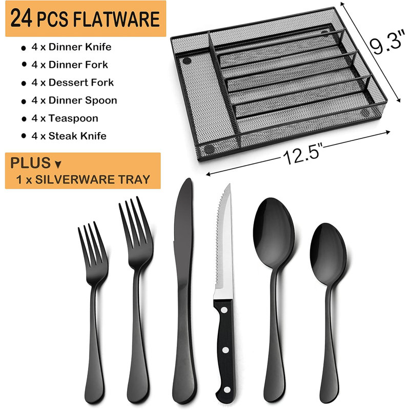 Ensemble 24 pièces de couverts 24 pièces pour 4 avec couteaux à steak et rangement, ensemble de couverts en acier inoxydable avec poli miroir, vaisselle allant au lave-vaisselle pour la maison et les réceptions