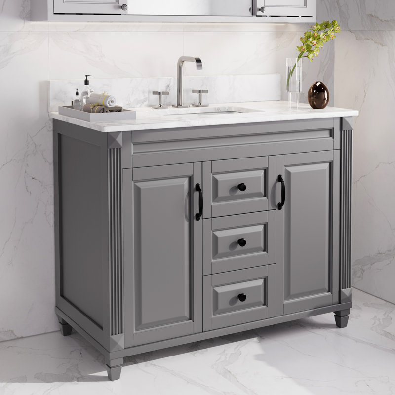Meuble-lavabo simple 42 po avec plateau en marbre et lavabo en céramique, Gris