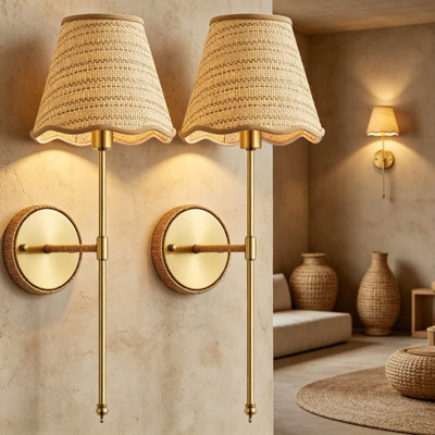 Rechargeable Wireless Wall Sconce Set Of 2, Battery Operated Rattan Wall Light With Dimmable Bulb And Remote Control For Bedroom, Living Room, Kitchen, Stairs, Hallway