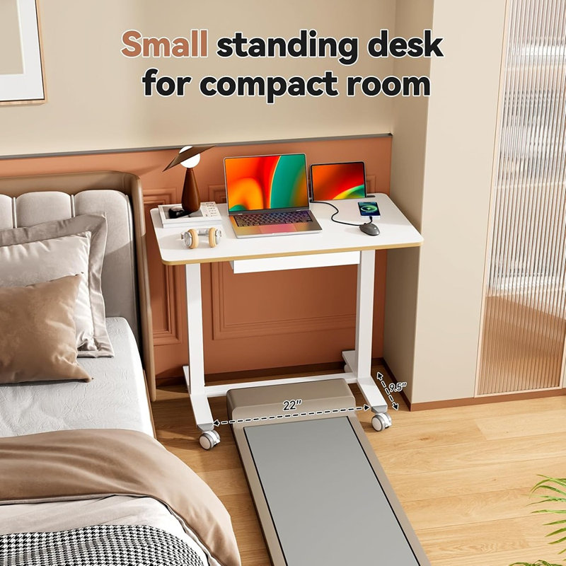 Bureau assis-debout à roulettes réglable avec tiroir, chariot pneumatique pour ordinateur portable avec roulettes dissimulées et verrouillables, poste de travail compact blanc