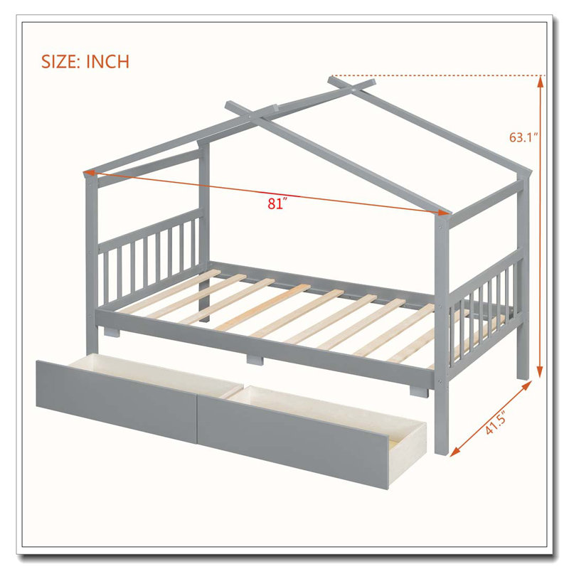 Lit en bois avec tiroirs, gris, Simple