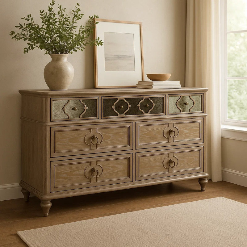 Commode large 7 tiroirs Lyla, bois de chêne massif rustique, panneaux de miroir antiques