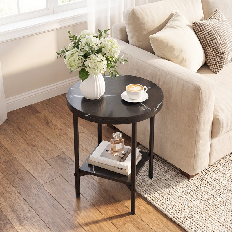 Side Table White & Gold Modern Round End Table With Faux Marble Top & Bottom Storage Shelf, Black, Black