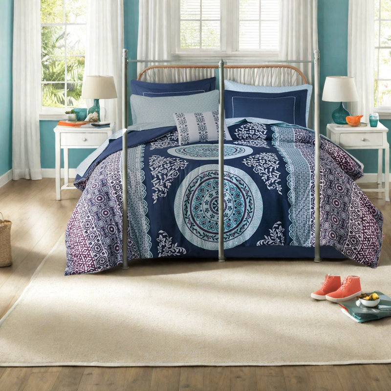Ensemble de literie pour grand lit Boho, ensemble d'édredon et de draps en polyester doux, motif de médaillon bleu marine pour le décor de la chambre à coucher